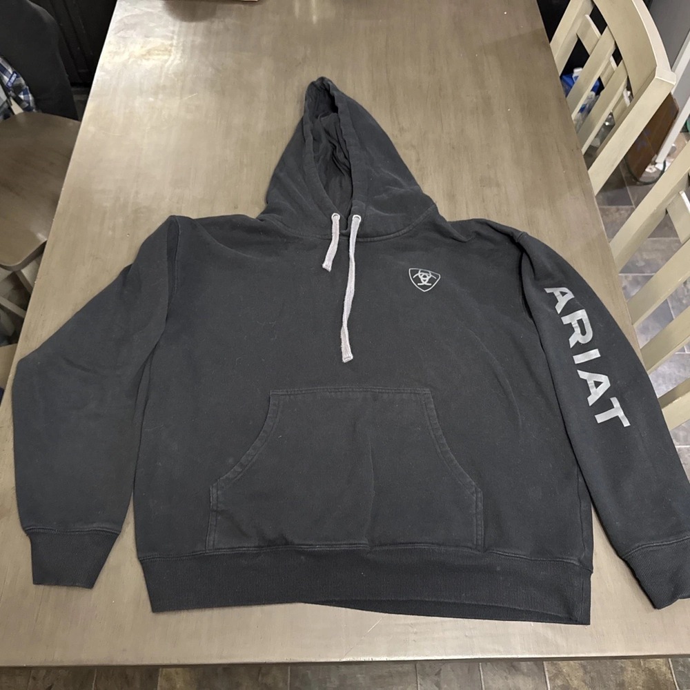 Ariat Hoodie Mens L Black Pullover Hooded Sweatshirt  Gray Spell Out Logo